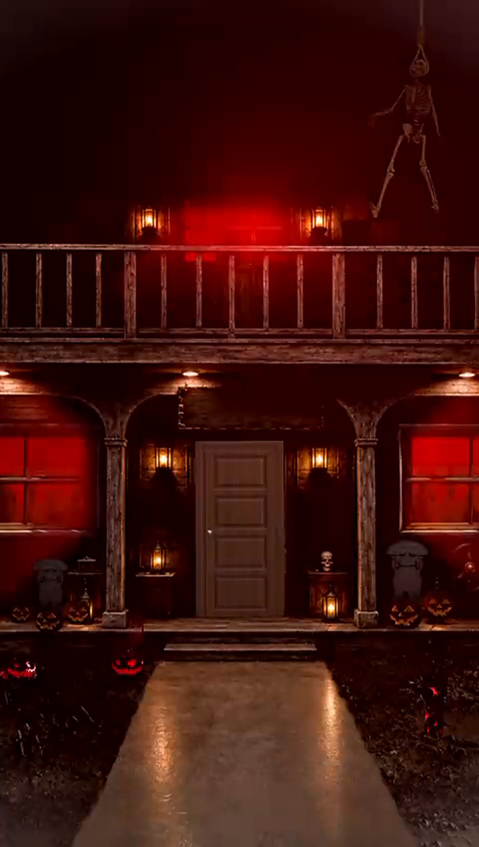 A lit doorway inside the Bushwick haunted house, seen through a keyhole